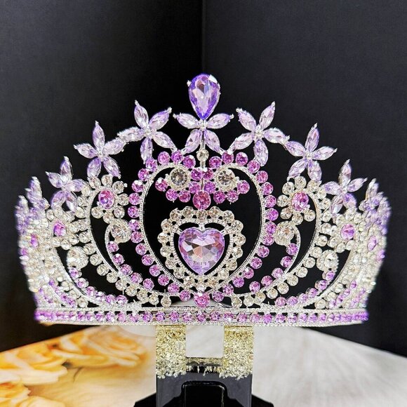 Crystal heart tiara, silver crystal tiara, purple stone tiara, Bridal headpiece main image 9